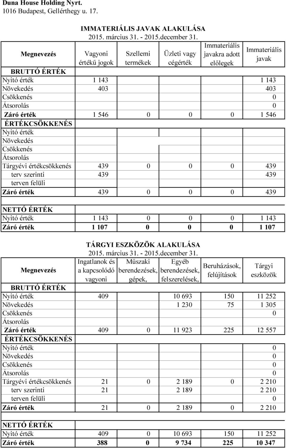 439 439 terven felüli Záró érték 439 439 NETTÓ ÉRTÉK Nyitó érték 1 143 1 143 Záró érték 1 17 1 17 Megnevezés Vagyoni értékű jogok Szellemi termékek Üzleti vagy cégérték TÁRGYI ESZKÖZÖK ALAKULÁSA 215.