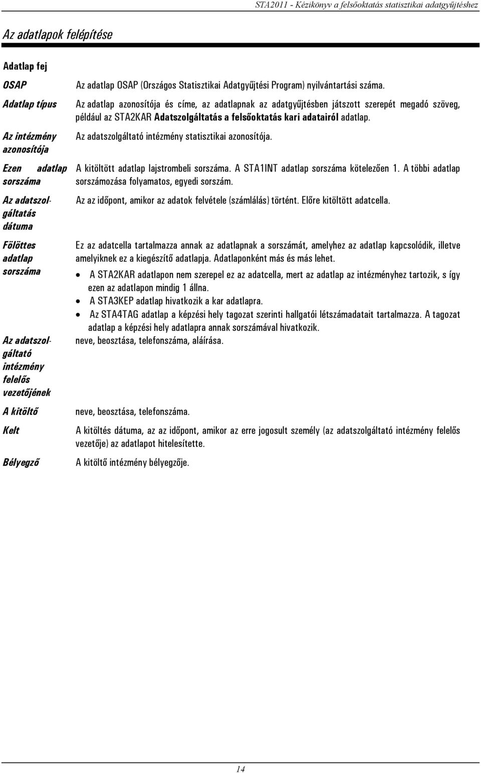 Az adatlap azonosítója és címe, az adatlapnak az adatgyűjtésben játszott szerepét megadó szöveg, például az STA2KAR Adatszolgáltatás a felsőoktatás kari adatairól adatlap.