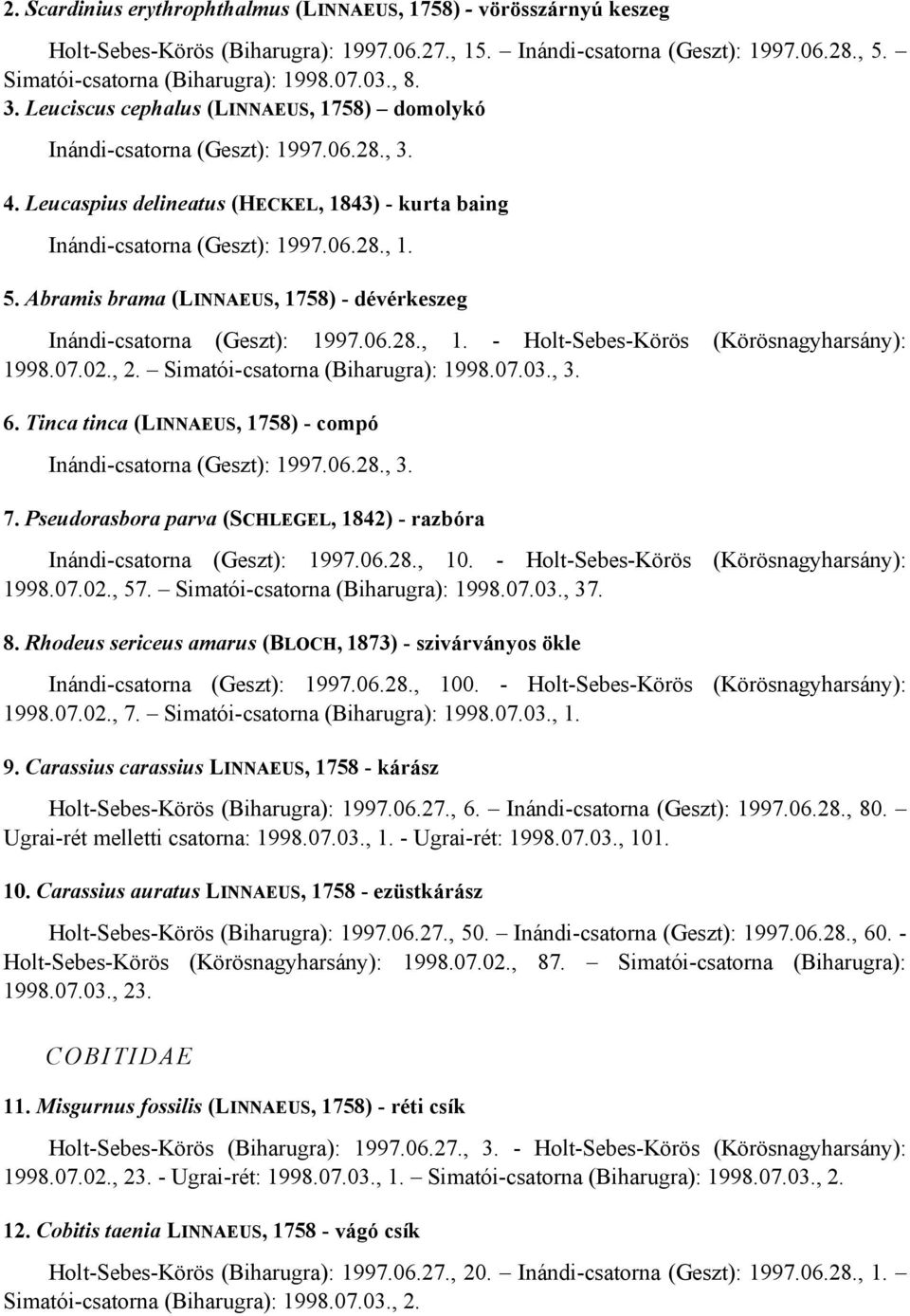 Abramis brama (LINNAEUS, 1758) - dévérkeszeg Inándi-csatorna (Geszt): 1997.06.28., 1. - Holt-Sebes-Körös (Körösnagyharsány): 1998.07.02., 2. Simatói-csatorna (Biharugra): 1998.07.03., 3. 6.