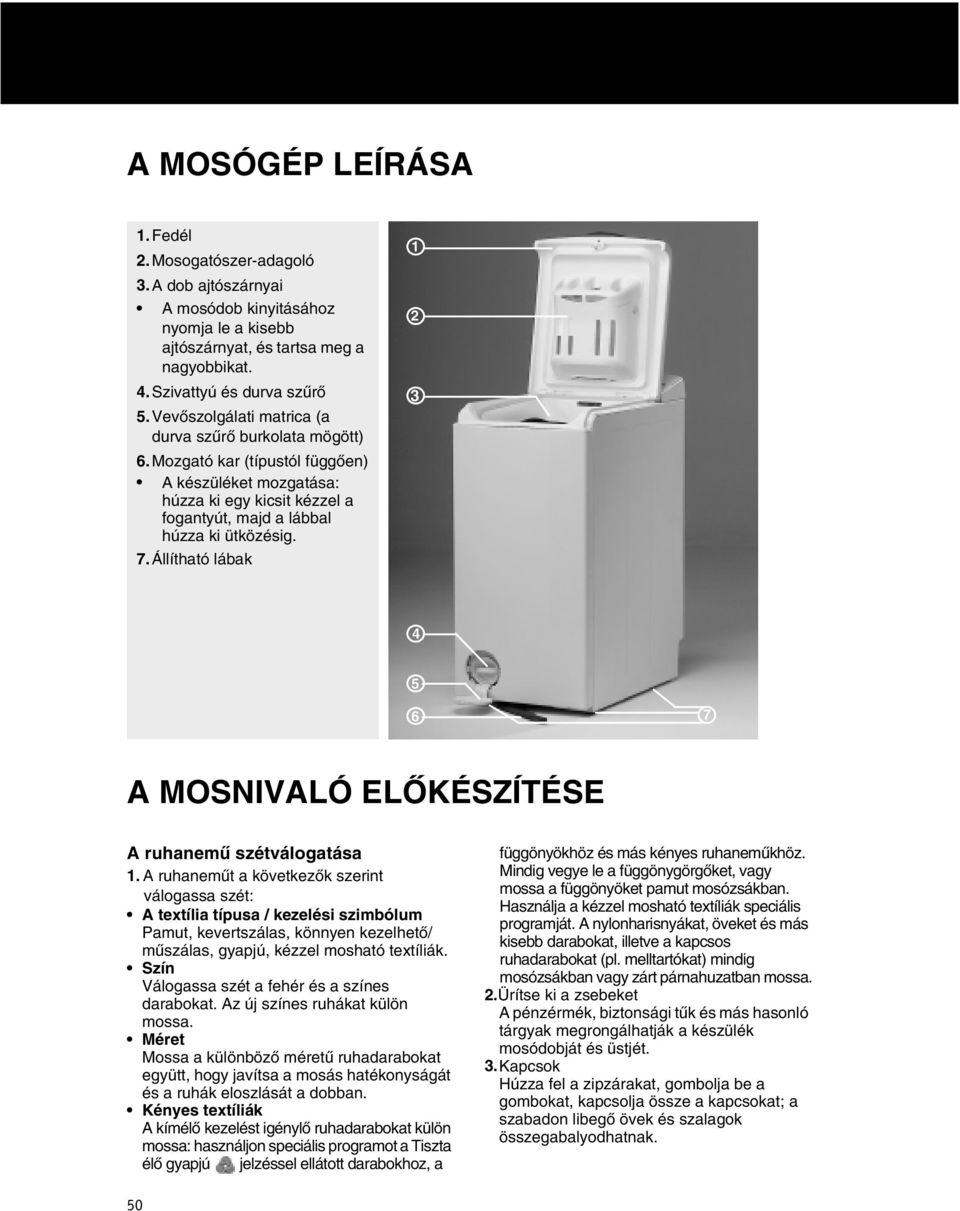 Állítható lábak 1 2 3 4 5 6 7 A MOSNIVALÓ ELŐKÉSZÍTÉSE A ruhanemű szétválogatása 1.