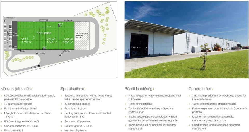 40 car parking spaces + + 1 215 m 2 irodaterület + + 1,215 sqm integrated offices available + + Padló terhelhetősége: 5 t/m² + + Hőlégbefúvásos fűtés központi kazánnal, 18 C-ig + + Közüzemi