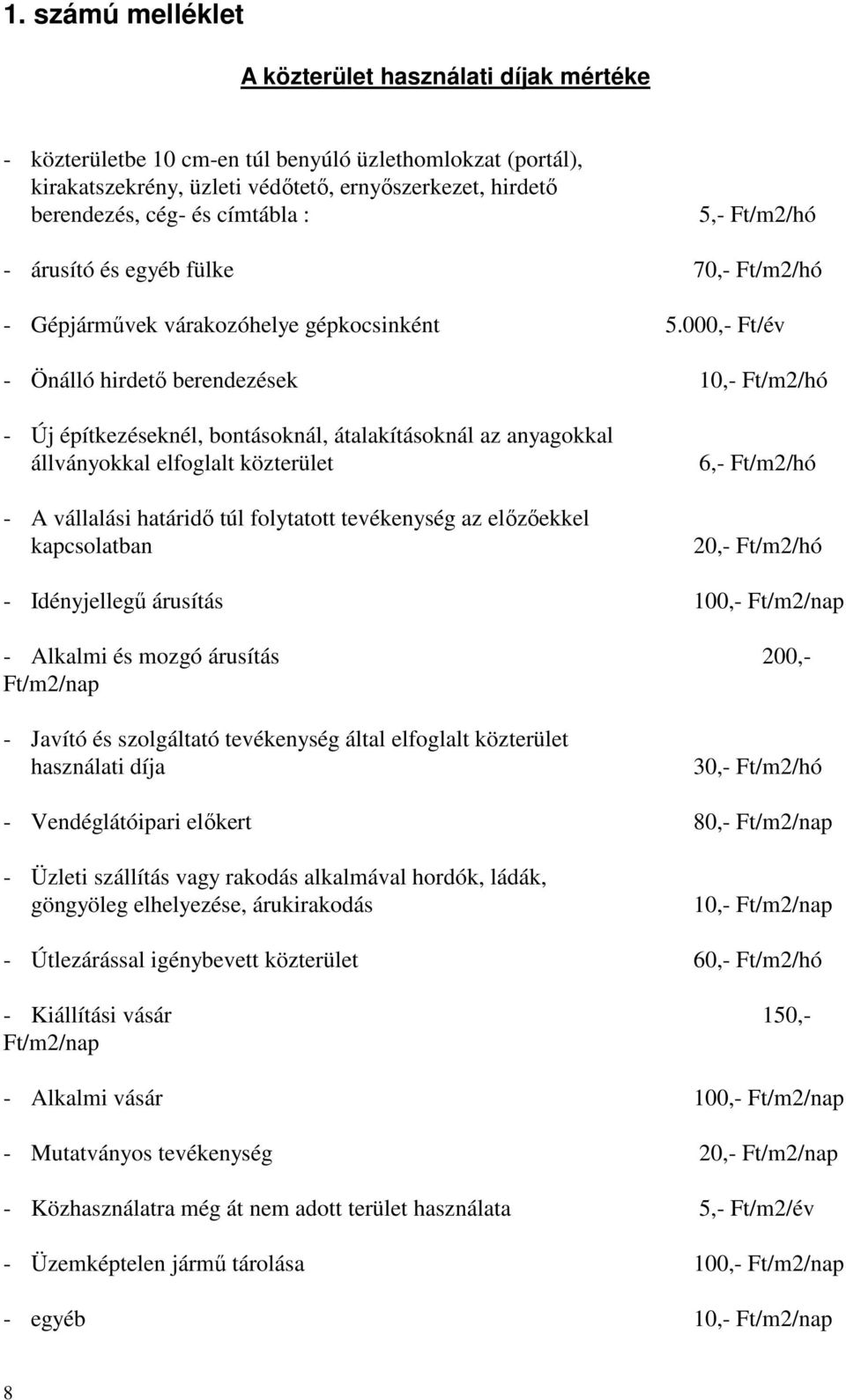000,- Ft/év - Önálló hirdetı berendezések 10,- Ft/m2/hó - Új építkezéseknél, bontásoknál, átalakításoknál az anyagokkal állványokkal elfoglalt közterület - A vállalási határidı túl folytatott