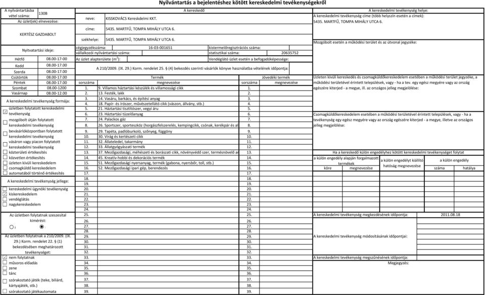 00-17-00 Az üzlet alapterülete (m 2 ): Vendéglátó üzlet esetén a befogadóképessége: Kedd 08.00-17.00 Szerda 08.00-17.00 A 210/2009. (IX. 29.) Korm. rendelet 25.