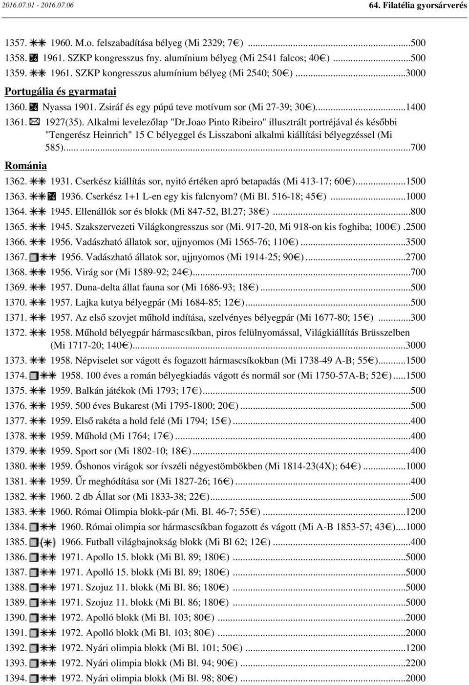 Joao Pinto Ribeiro" illusztrált portréjával és későbbi "Tengerész Heinrich" 15 C bélyeggel és Lisszaboni alkalmi kiállítási bélyegzéssel (Mi 585)......700 Románia 1362. 1931.