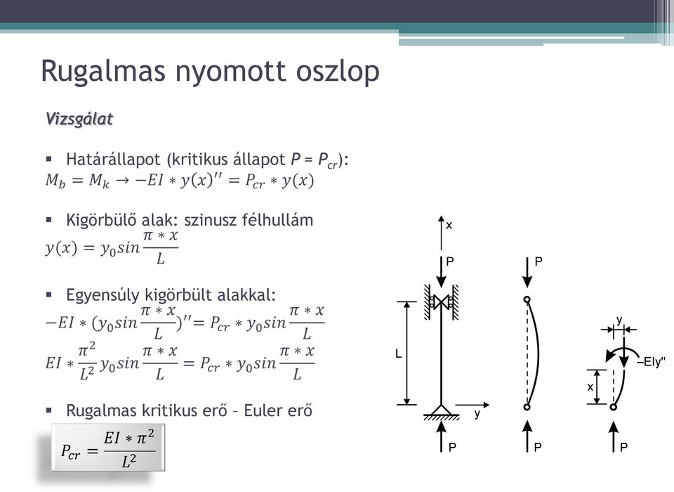 Egyensúly kigörbült alakkal: π x π x EI (y 0 sin L ) = P cr y 0 sin L EI π2 L 2