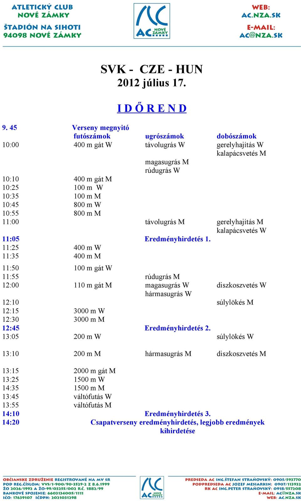 W 10:55 800 m M 11:00 távolugrás M gerelyhajítás M kalapácsvetés W 11:05 Eredményhirdetés 1.