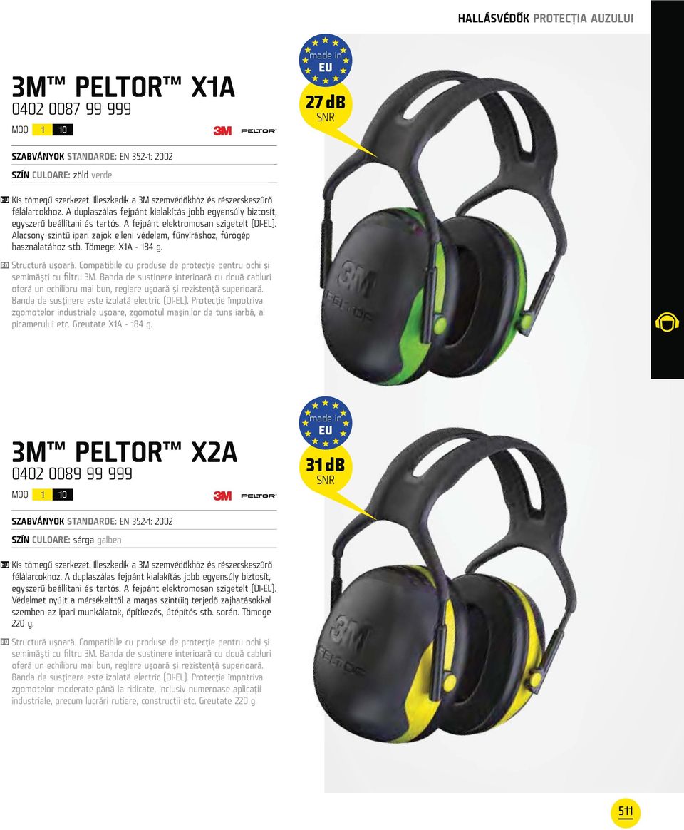 Alacsony szintű ipari zajok elleni védelem, fűnyíráshoz, fúrógép használatához stb. Tömege: X1A - 184 g. Structură uşoară. Compatibile cu produse de protecţie pentru ochi şi semimăşti cu filtru 3M.