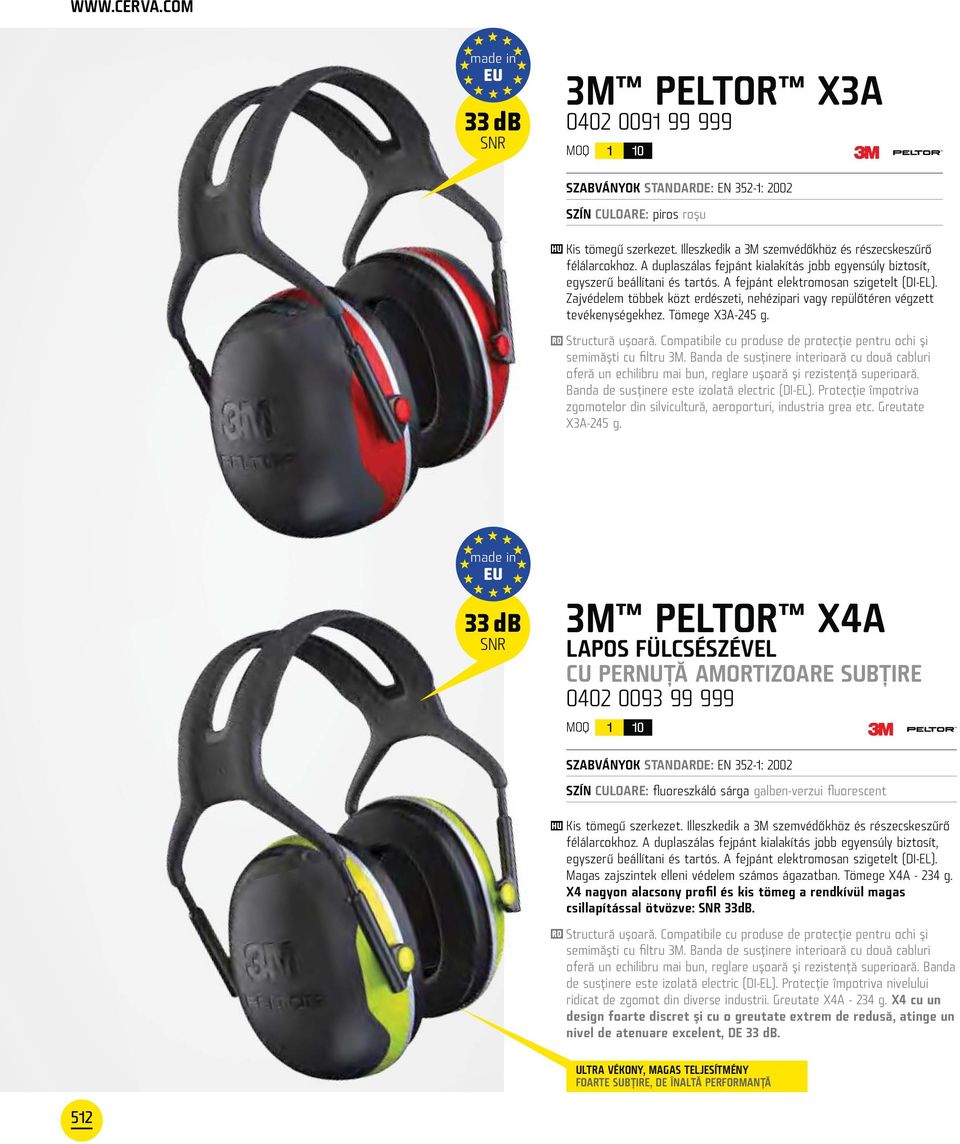 Zajvédelem többek közt erdészeti, nehézipari vagy repülőtéren végzett tevékenységekhez. Tömege X3A-245 g. Structură uşoară. Compatibile cu produse de protecţie pentru ochi şi semimăşti cu filtru 3M.