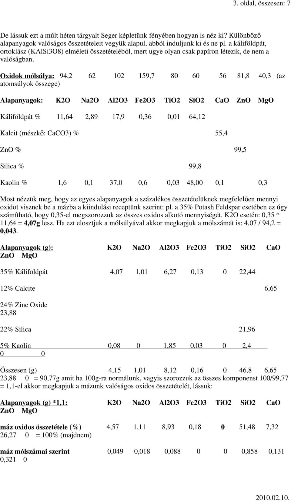 Oxidok mólsúlya: 94,2 62 102 159,7 80 60 56 81,8 40,3 (az atomsúlyok összege) Alapanyagok: K2O Na2O Al2O3 Fe2O3 TiO2 SiO2 CaO ZnO MgO Káliföldpát % 11,64 2,89 17,9 0,36 0,01 64,12 Kalcit (mészkı: