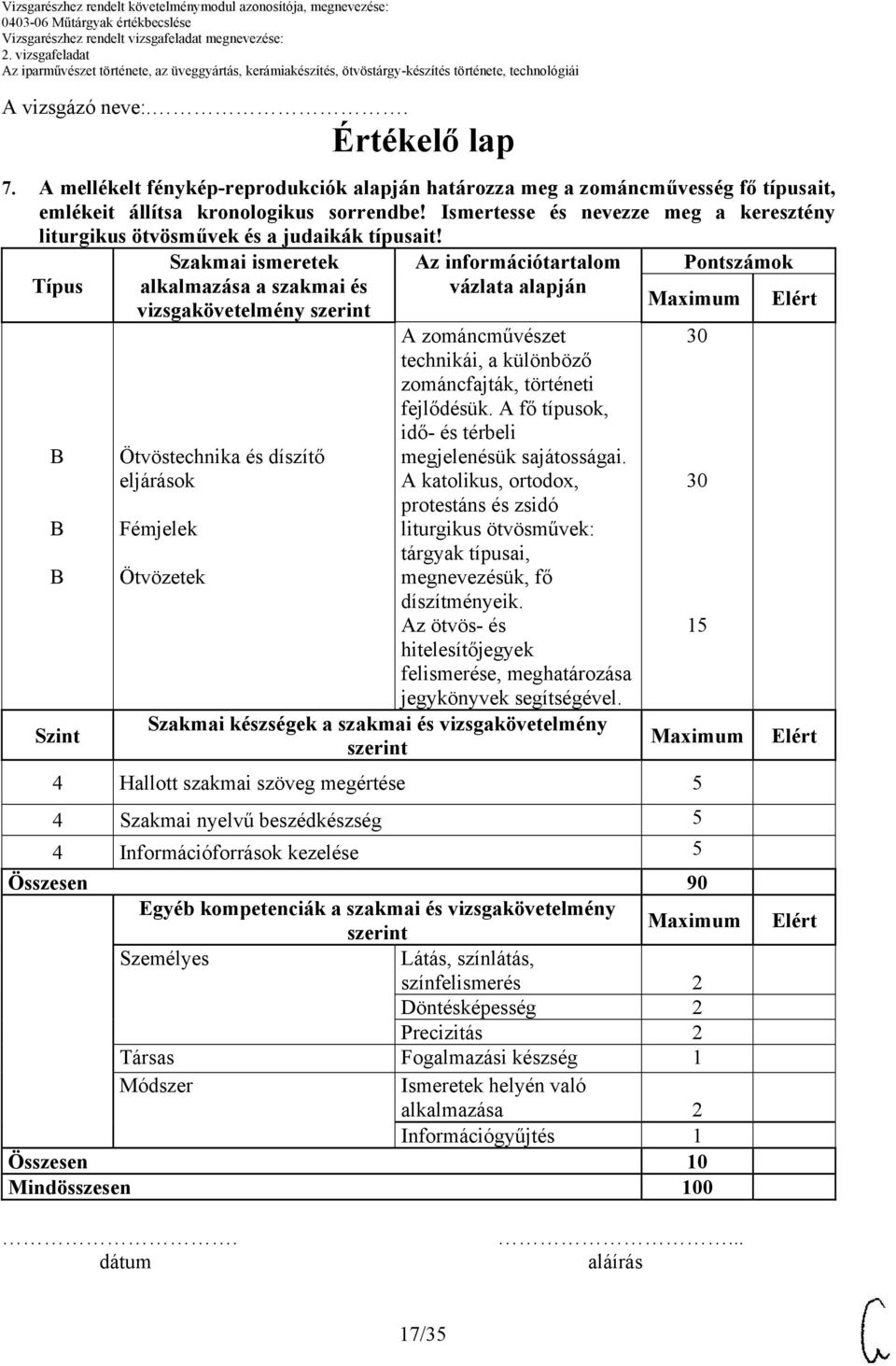 Típus Szint Szakmai ismeretek alkalmazása a szakmai és vizsgakövetelmény Ötvöstechnika és díszítő eljárások Fémjelek Ötvözetek Az információtartalom vázlata alapján A zománcművészet technikái, a