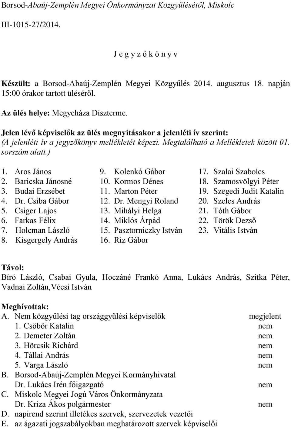 Megtalálható a Mellékletek között 01. sorszám alatt.) 1. Aros János 2. Baricska Jánosné 3. Budai Erzsébet 4. Dr. Csiba Gábor 5. Csiger Lajos 6. Farkas Félix 7. Holcman László 8. Kisgergely András 9.