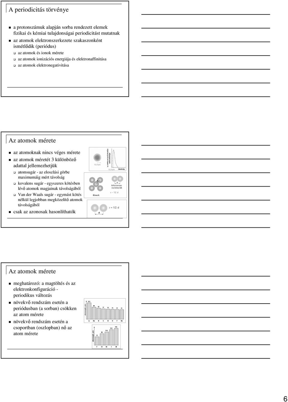 jellemezhetjük atomsugár - az eloszlási görbe maximumáig mért távolság kovalens sugár - egyszeres kötésben lévı atomok magjainak távolságából Van der Waals sugár - egymást kötés nélkül legjobban