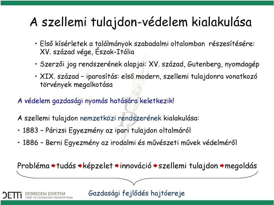 század iparosítás: első modern, szellemi tulajdonra vonatkozó törvények megalkotása A védelem gazdasági nyomás hatására keletkezik!