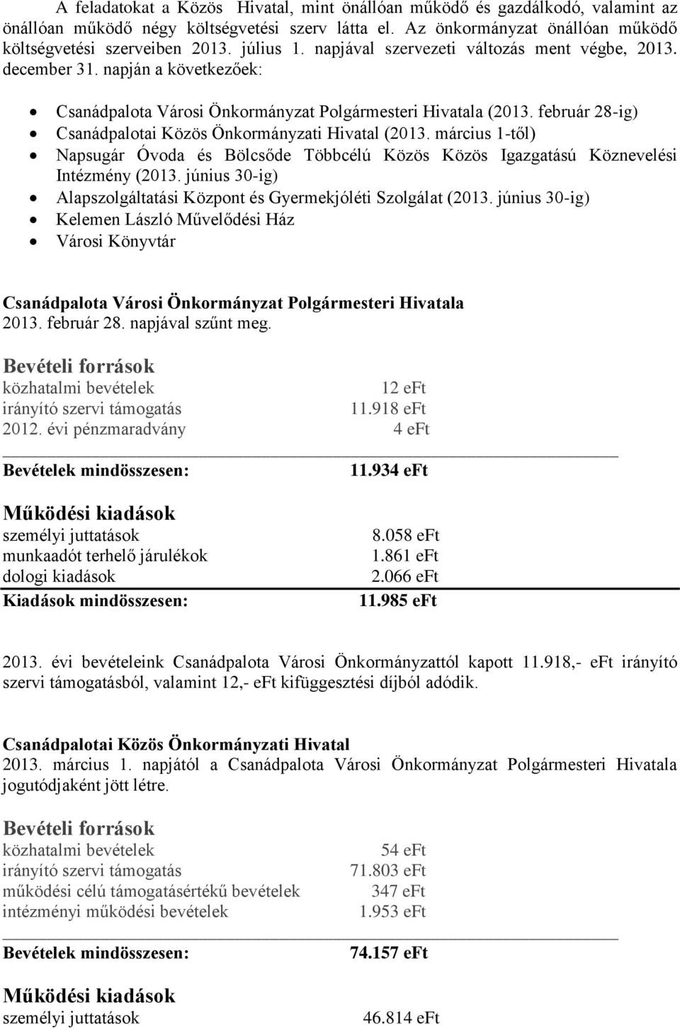február 28-ig) Csanádpalotai Közös Önkormányzati Hivatal (2013. március 1-től) Napsugár Óvoda és Bölcsőde Többcélú Közös Közös Igazgatású Köznevelési Intézmény (2013.