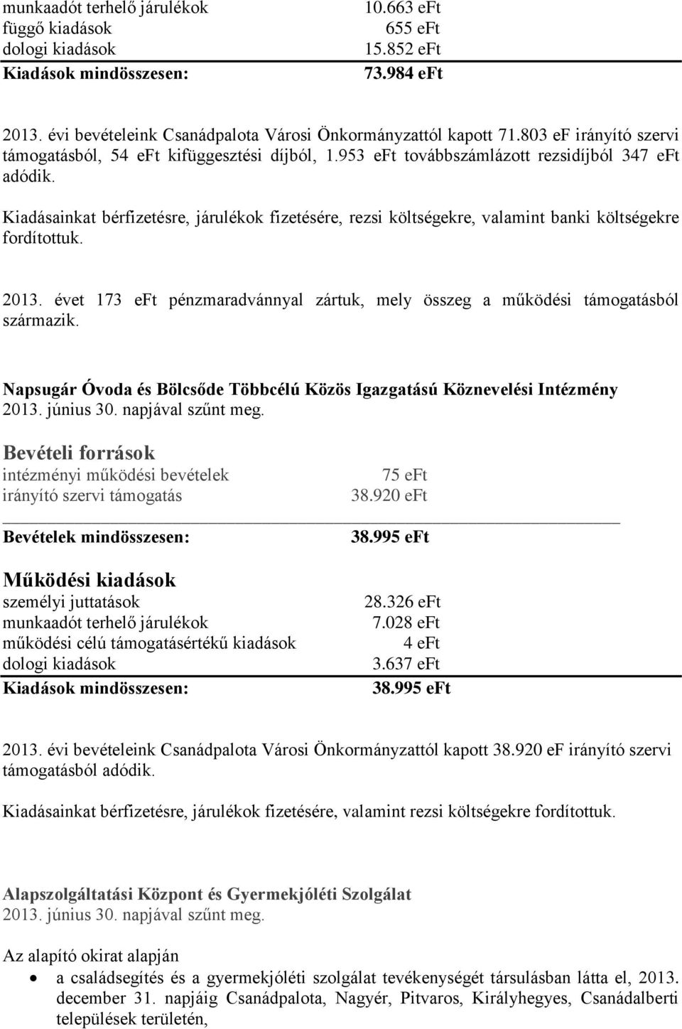 évet 173 eft pénzmaradvánnyal zártuk, mely összeg a működési támogatásból származik. Napsugár Óvoda és Bölcsőde Többcélú Közös Igazgatású Köznevelési Intézmény 2013. június 30. napjával szűnt meg.