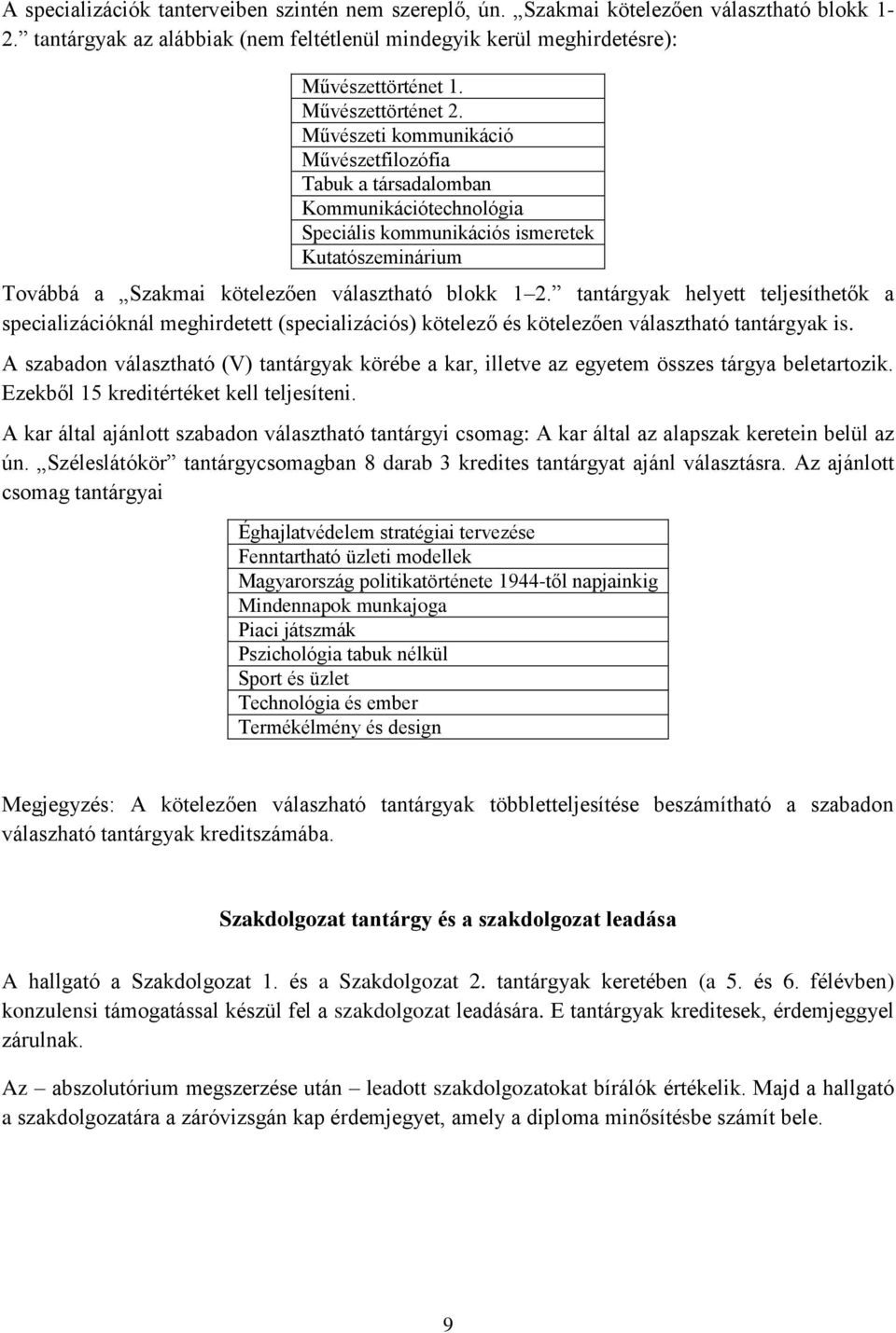 Művészeti kommunikáció Művészetfilozófia Tabuk a társadalomban Kommunikációtechnológia Speciális kommunikációs ismeretek Kutatószeminárium Továbbá a Szakmai kötelezően választható blokk 1 2.