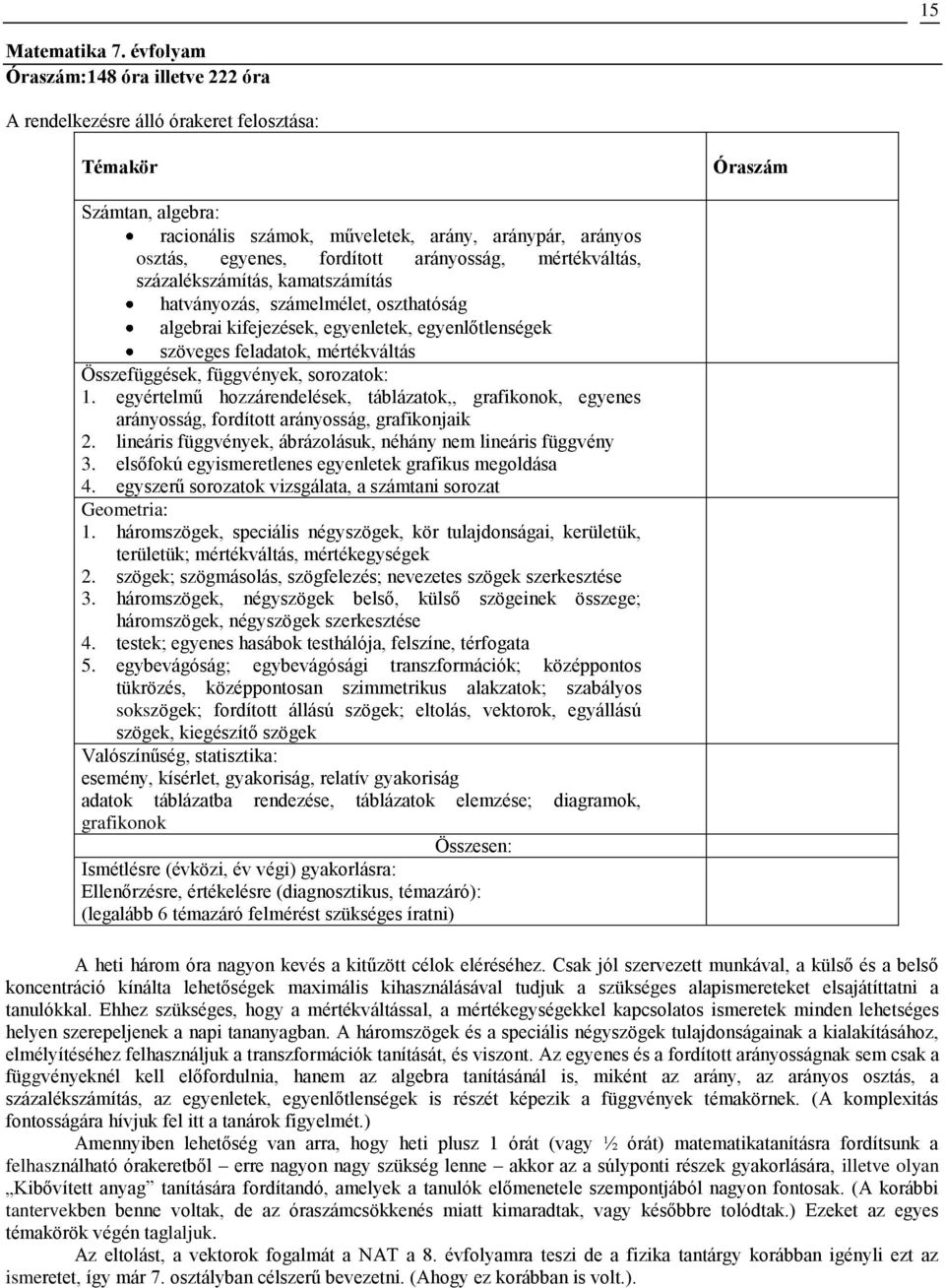 mértékváltás, százalékszámítás, kamatszámítás hatványozás, számelmélet, oszthatóság algebrai kifejezések, egyenletek, egyenlőtlenségek szöveges feladatok, mértékváltás Összefüggések, függvények,