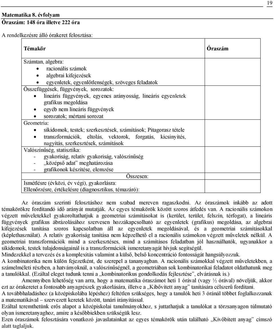 Összefüggések, függvények, sorozatok: lineáris függvények, egyenes arányosság, lineáris egyenletek grafikus megoldása egyéb nem lineáris függvények sorozatok; mértani sorozat Geometria: síkidomok,