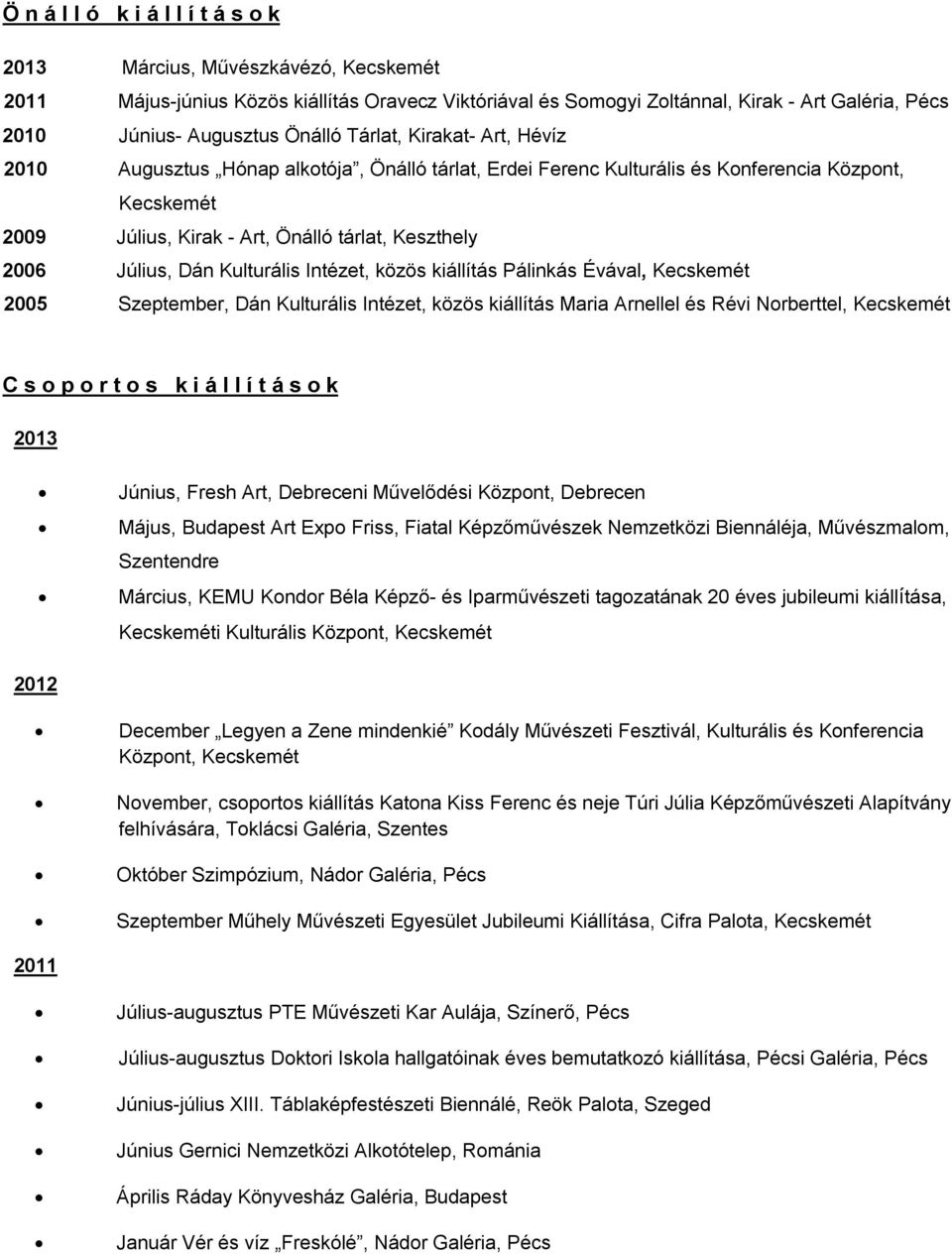 Kulturális Intézet, közös kiállítás Pálinkás Évával, 2005 Szeptember, Dán Kulturális Intézet, közös kiállítás Maria Arnellel és Révi Norberttel, C s o p o r t o s k i á l l í t á s o k 2013 Június,