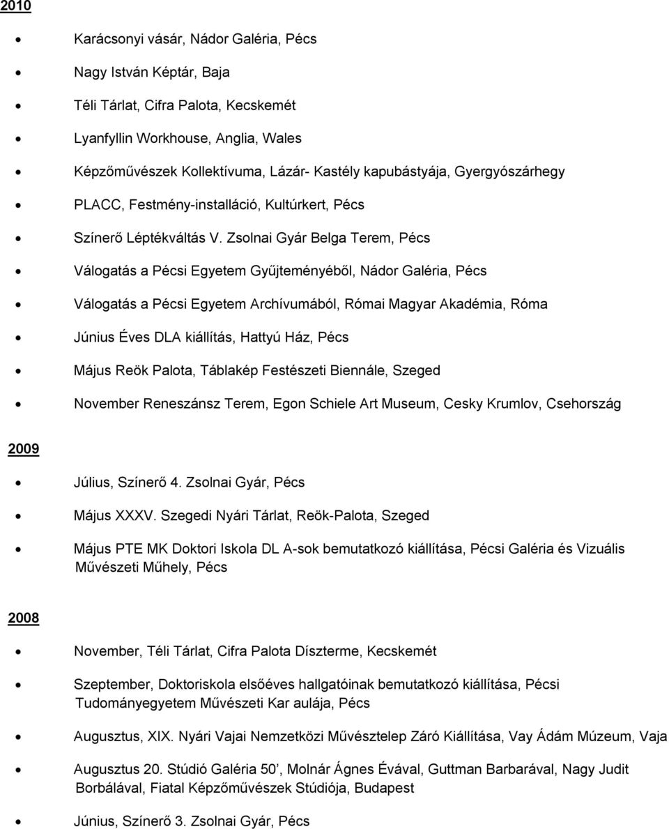 Zsolnai Gyár Belga Terem, Pécs Válogatás a Pécsi Egyetem Gyűjteményéből, Nádor Galéria, Pécs Válogatás a Pécsi Egyetem Archívumából, Római Magyar Akadémia, Róma Június Éves DLA kiállítás, Hattyú Ház,