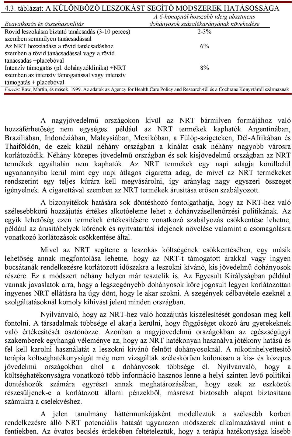 (pl. dohányzóklinika) +NRT 8% szemben az intenzív támogatással vagy intenzív támogatás + placebóval Forrás: Raw, Martin, és mások. 1999.