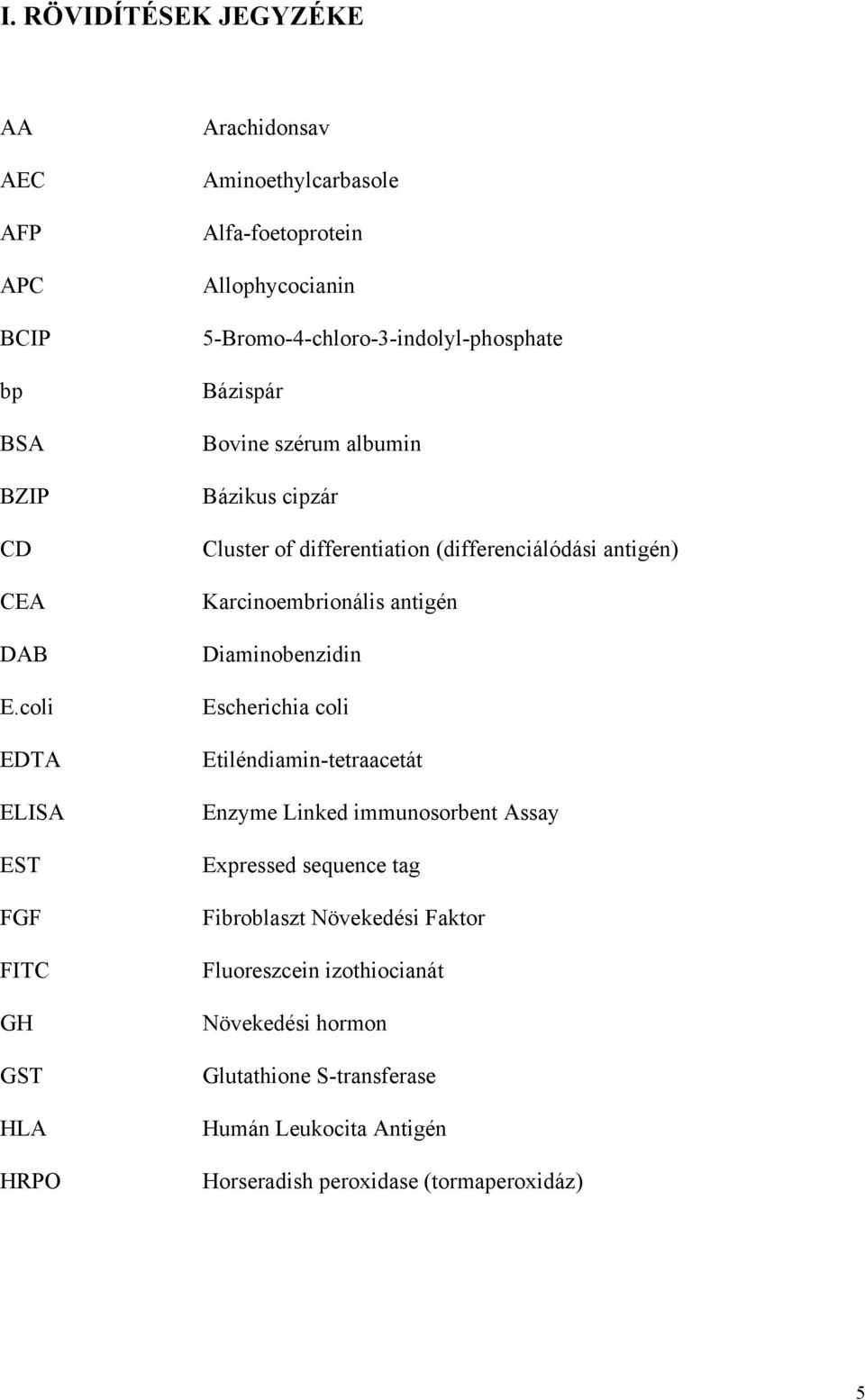 Bázispár Bovine szérum albumin Bázikus cipzár Cluster of differentiation (differenciálódási antigén) Karcinoembrionális antigén Diaminobenzidin Escherichia