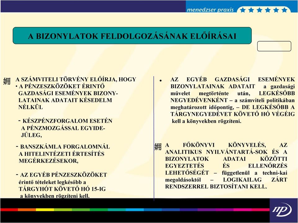 kell. AZ EGYÉB GAZDASÁGI ESEMÉNYEK BIZONYLATAINAK ADATAIT a gazdasági művelet megtörténte után, LEGKÉSŐBB NEGYEDÉVENKÉNT a számviteli politikában meghatározott időpontig, DE LEGKÉSŐBB A