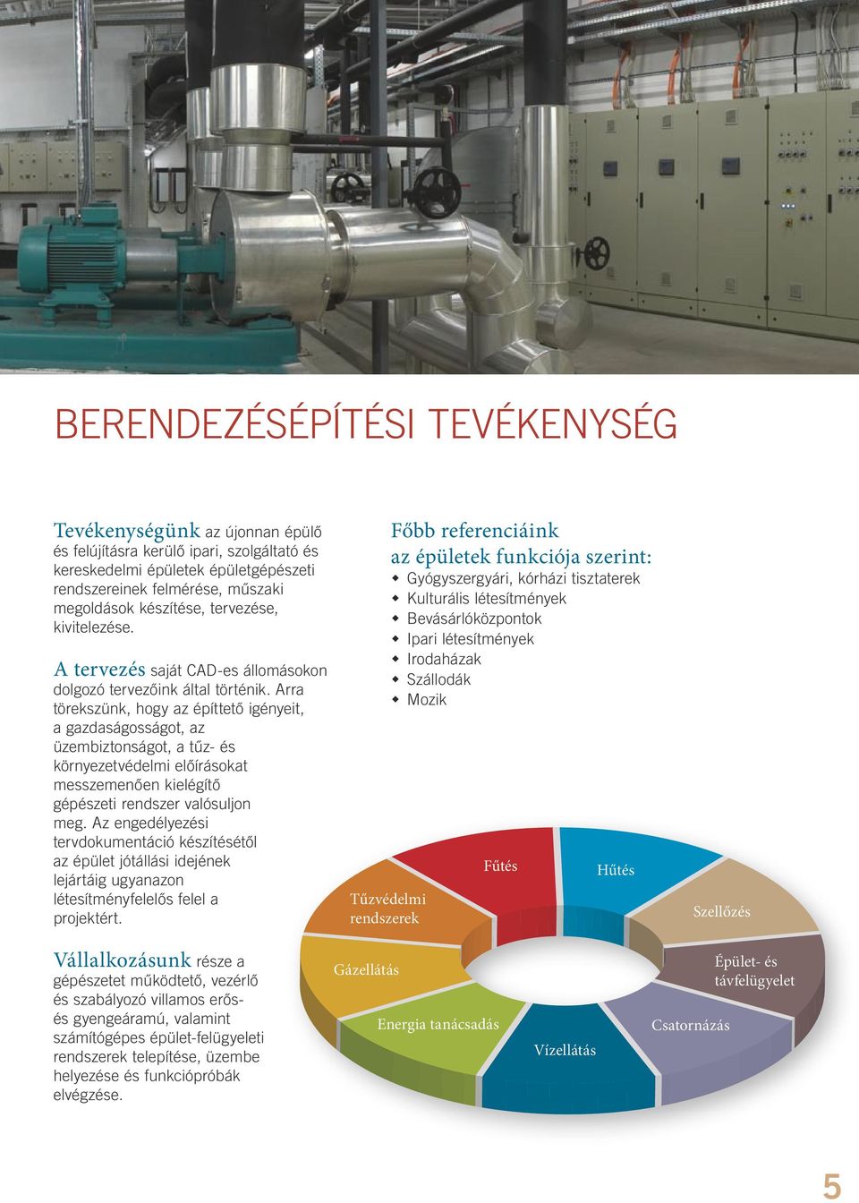 Arra törekszünk, hogy az építtető igényeit, a gazdaságosságot, az üzembiztonságot, a tűz- és környezetvédelmi előírásokat messzemenően kielégítő gépészeti rendszer valósuljon meg.