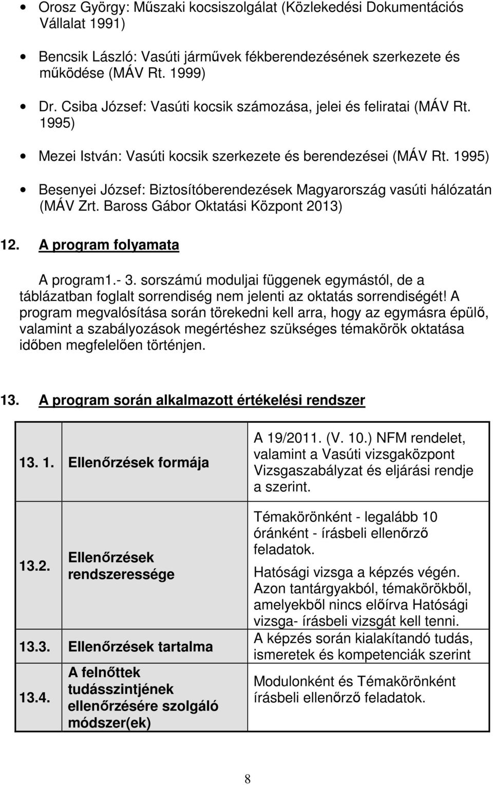 1995) Besenyei József: Biztosítóberendezések Magyarország vasúti hálózatán (MÁV Zrt. Baross Gábor Oktatási Központ 2013) 12. A program folyamata A program1.- 3.