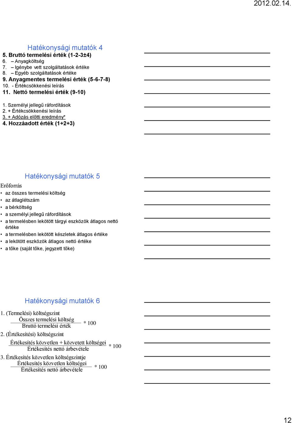 Hozzáadott érték (1+2+3) Hatékonysági mutatók 5 Erőforrás az összes termelési költség az átlaglétszám a bérköltség a személyi jellegű ráfordítások a termelésben lekötött tárgyi eszközök átlagos nettó