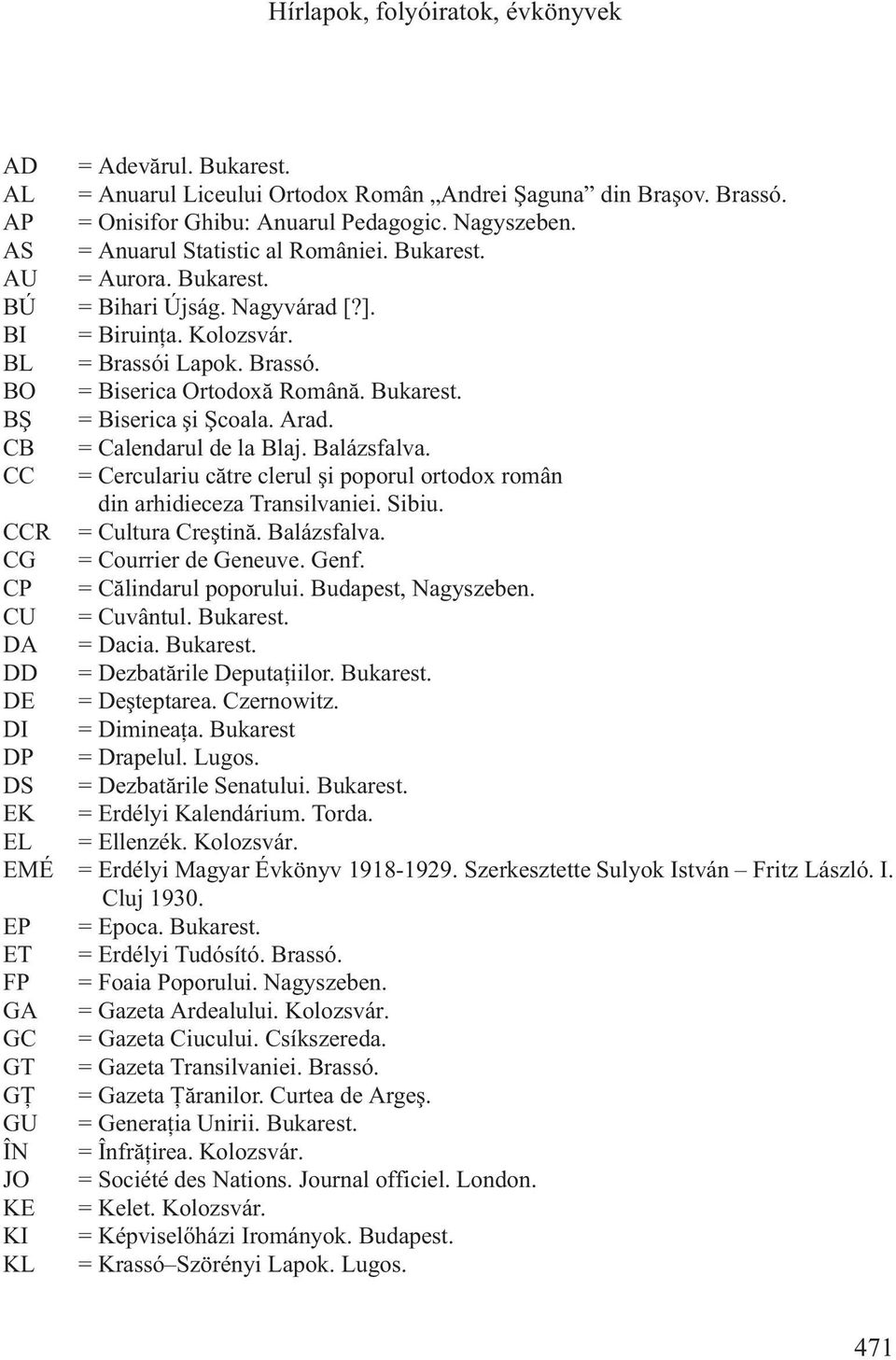 Arad. CB = Calendarul de la Blaj. Balázsfalva. CC = Cerculariu cãtre clerul ºi poporul ortodox român din arhidieceza Transilvaniei. Sibiu. CCR = Cultura Creºtinã. Balázsfalva. CG = Courrier de Geneuve.