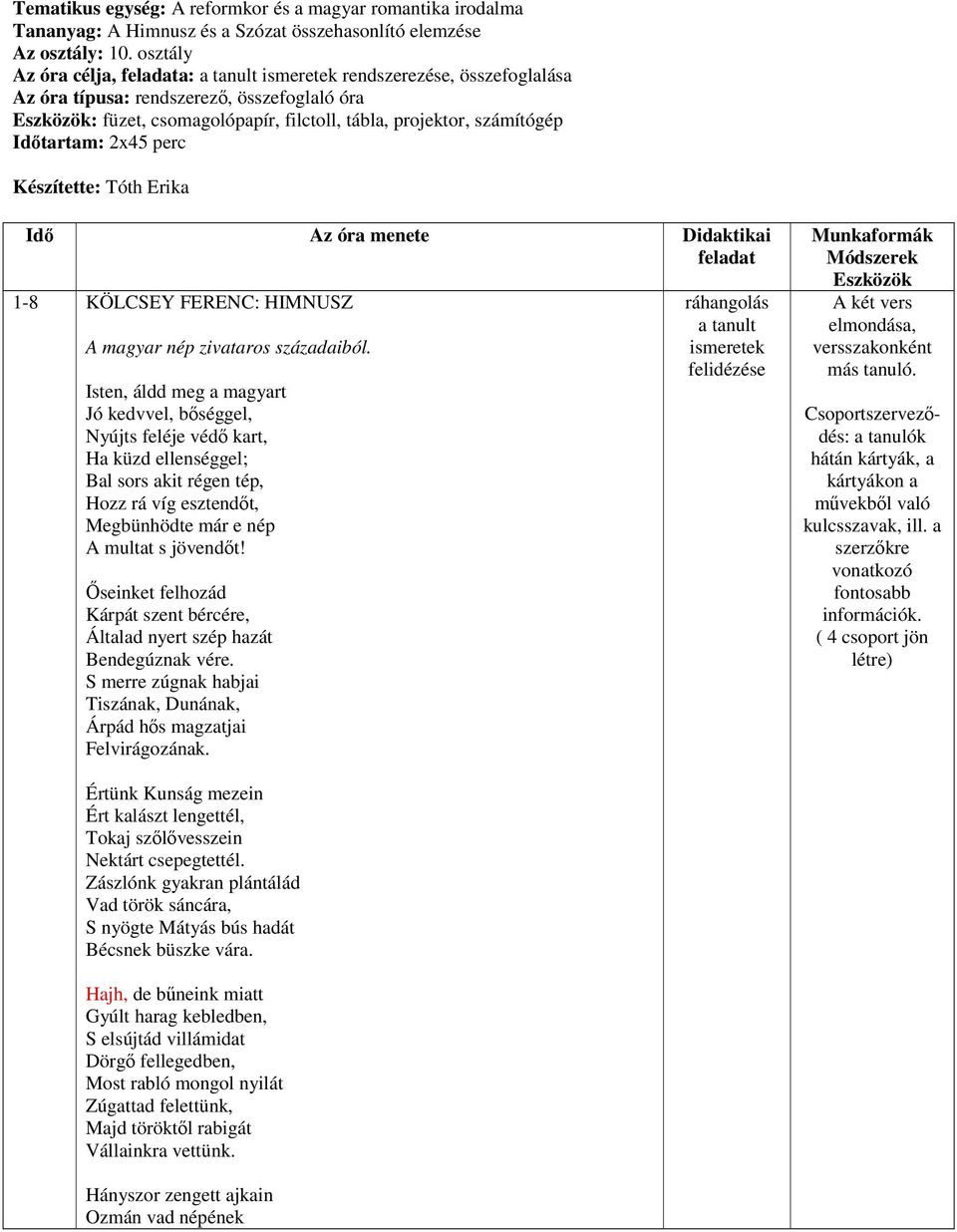 Idıtartam: 2x45 perc Készítette: Tóth Erika Idı Az óra menete Didaktikai feladat 1-8 KÖLCSEY FERENC: HIMNUSZ A magyar nép zivataros századaiból.