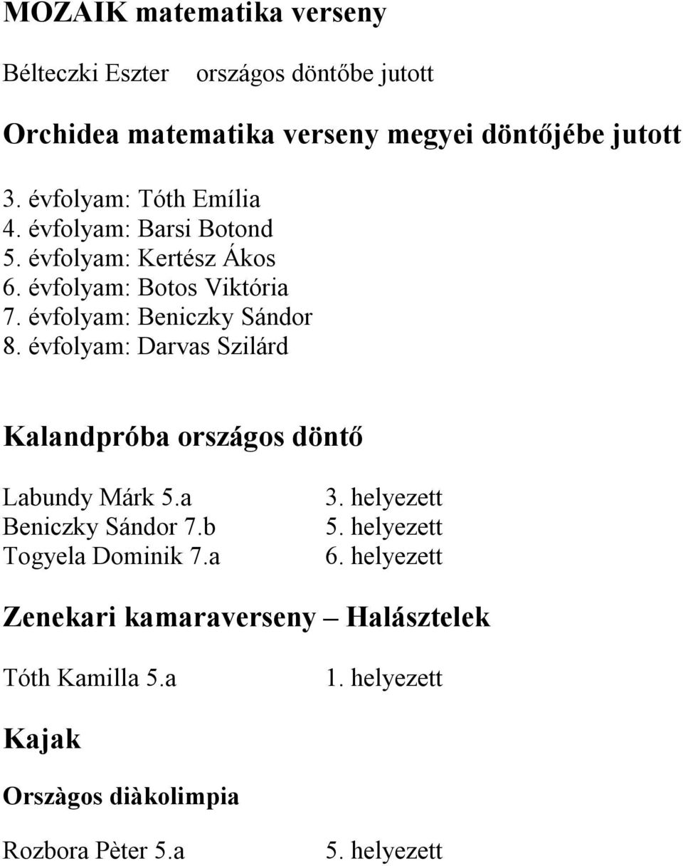évfolyam: Beniczky Sándor 8. évfolyam: Darvas Szilárd Kalandpróba országos döntő Labundy Márk 5.a Beniczky Sándor 7.