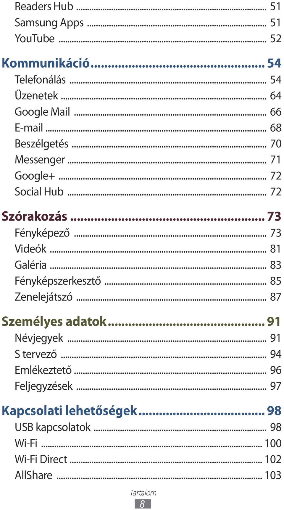 .. 83 Fényképszerkesztő... 85 Zenelejátszó... 87 Személyes adatok... 91 Névjegyek... 91 S tervező... 94 Emlékeztető.
