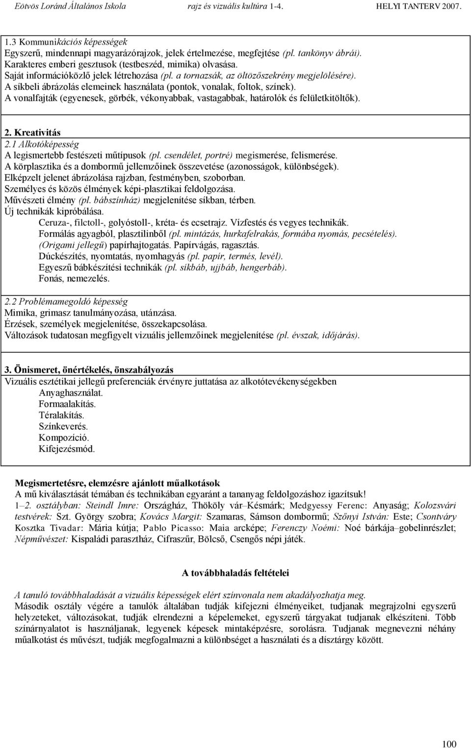 A vonalfajták (egyenesek, görbék, vékonyabbak, vastagabbak, határolók és felületkitöltők). 2. Kreativitás 2.1 Alkotóképesség A legismertebb festészeti műtípusok (pl.