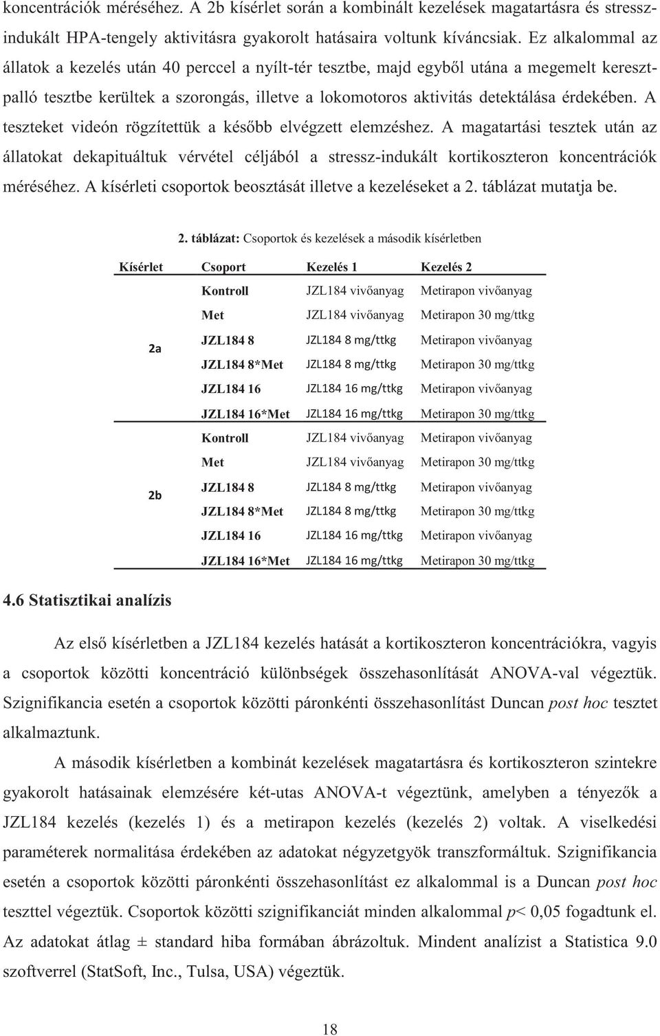 A teszteket videón rögzítettük a később elvégzett elemzéshez. A magatartási tesztek után az állatokat dekapituáltuk vérvétel céljából a stressz-indukált kortikoszteron koncentrációk méréséhez.