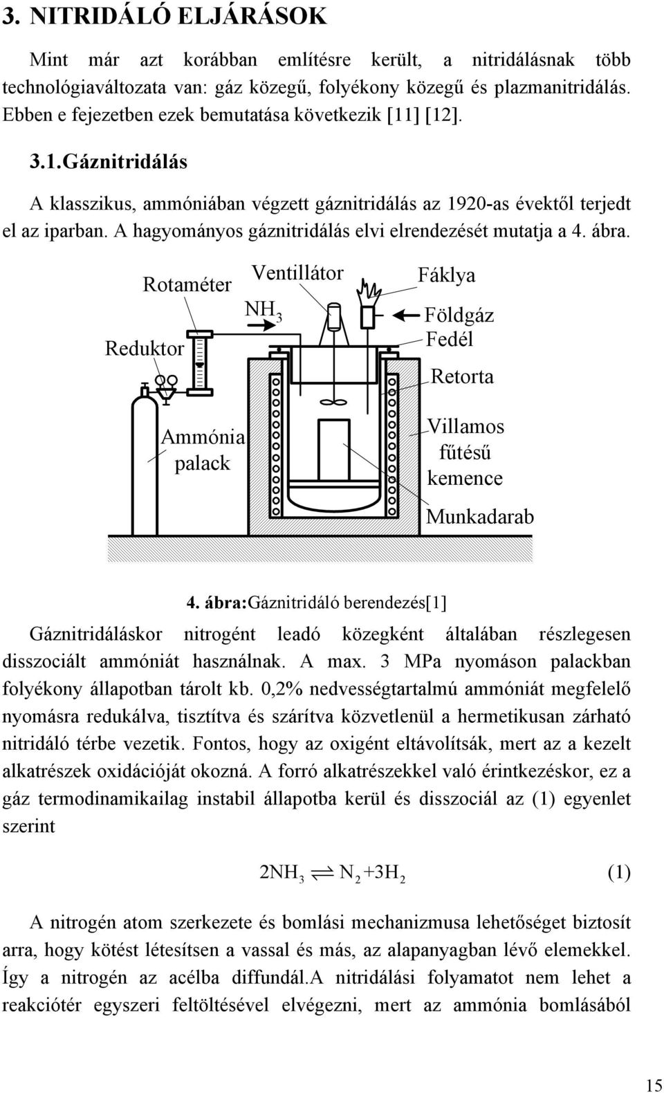 A hagyományos gáznitridálás elvi elrendezését mutatja a 4. ábra. Rotaméter Reduktor Ventillátor NH 3 Fáklya Földgáz Fedél Retorta Ammónia palack Villamos fűtésű kemence Munkadarab 4.