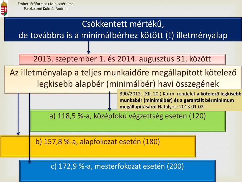 (XII. 20.) Korm. rendelet a kötelező legkisebb munkabér (minimálbér) és a garantált bérminimum megállapításáról Hatályos: 2013.