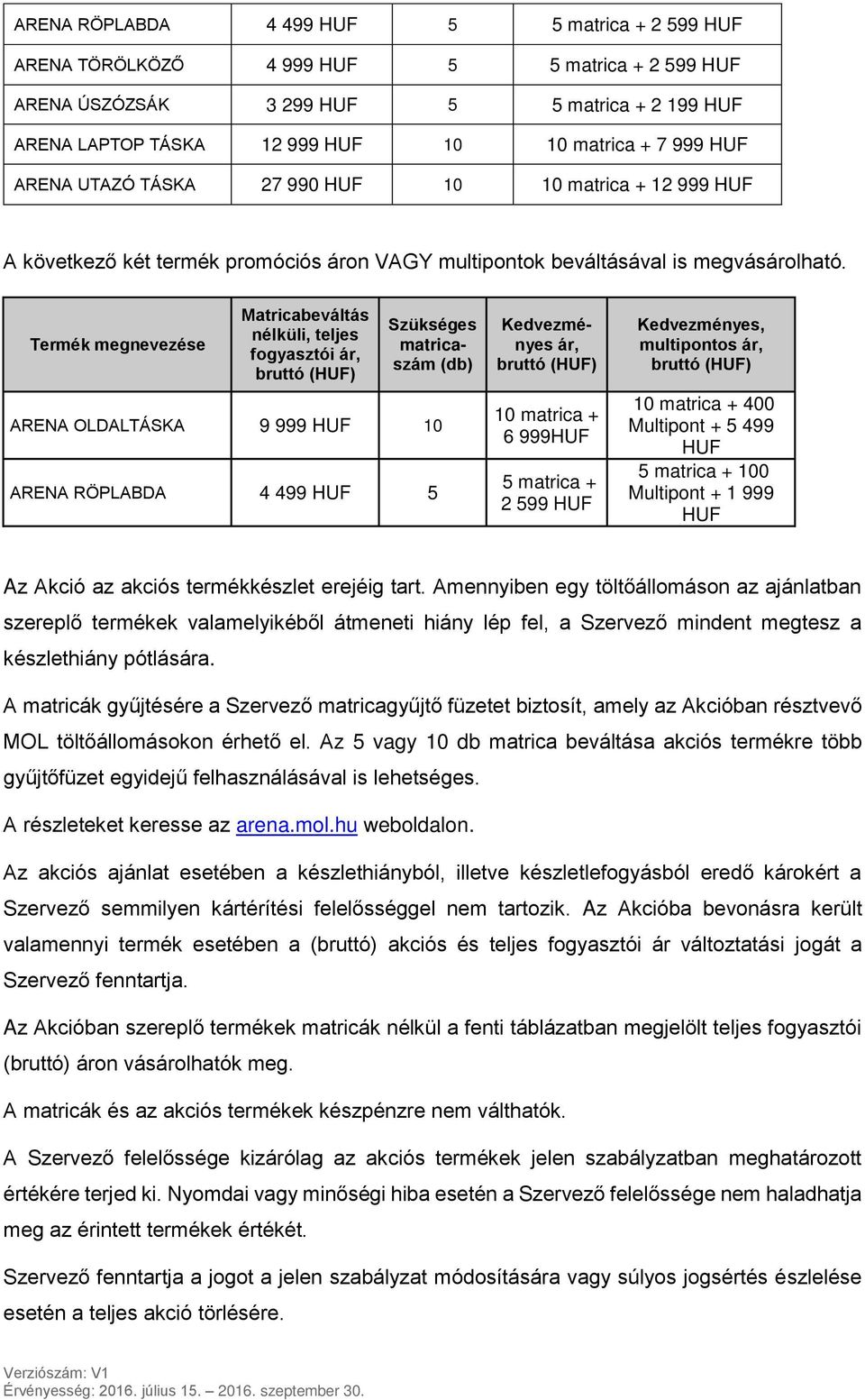Termék megnevezése Matricabeváltás nélküli, teljes fogyasztói ár, bruttó (HUF) Szükséges matricaszám (db) ARENA OLDALTÁSKA 9 999 HUF 10 ARENA RÖPLABDA 4 499 HUF 5 Kedvezményes ár, bruttó (HUF) 10