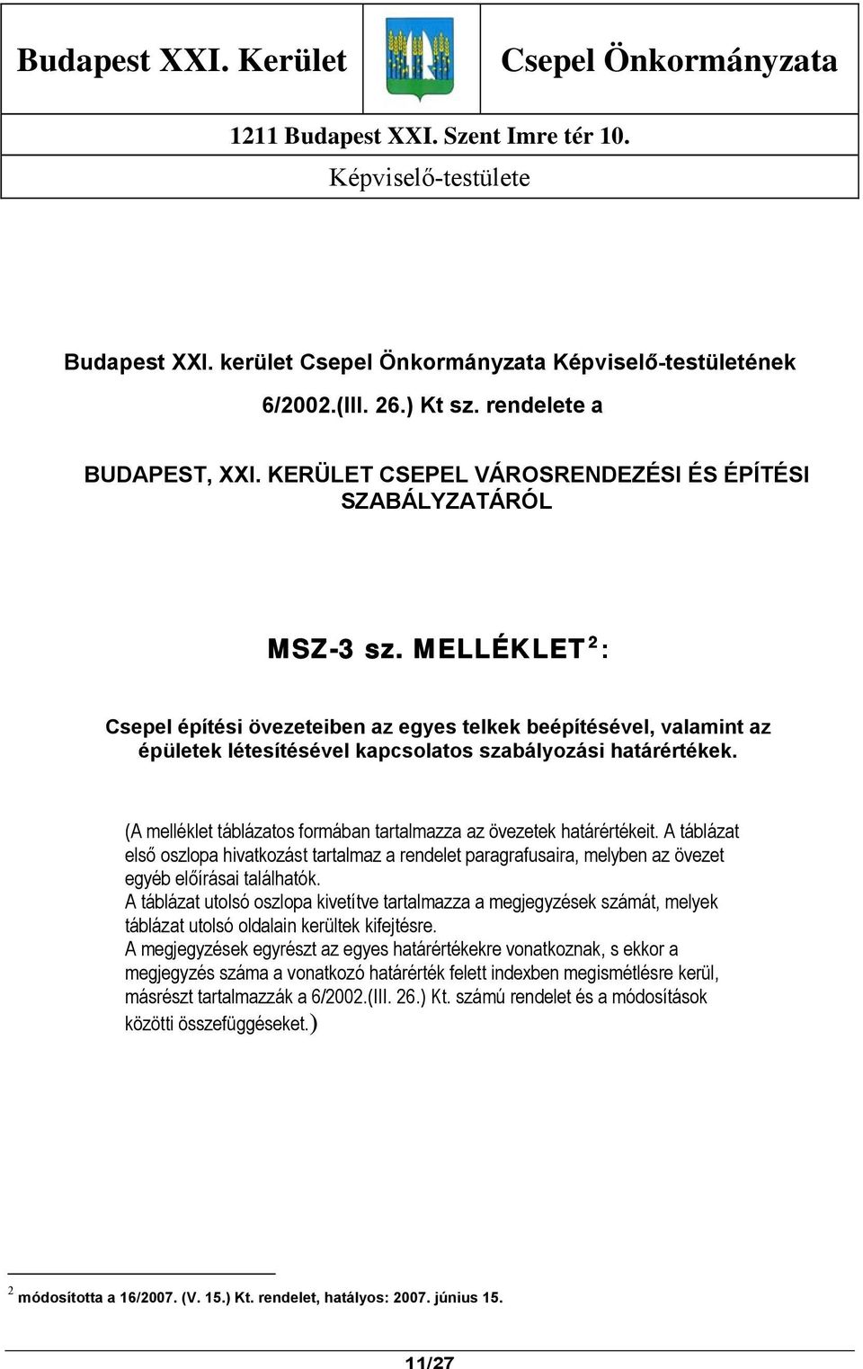 MELLÉKLET 2 : Csepel építési övezeteiben az egyes telkek beépítésével, valamint az épületek létesítésével kapcsolatos szabályozási határértékek.