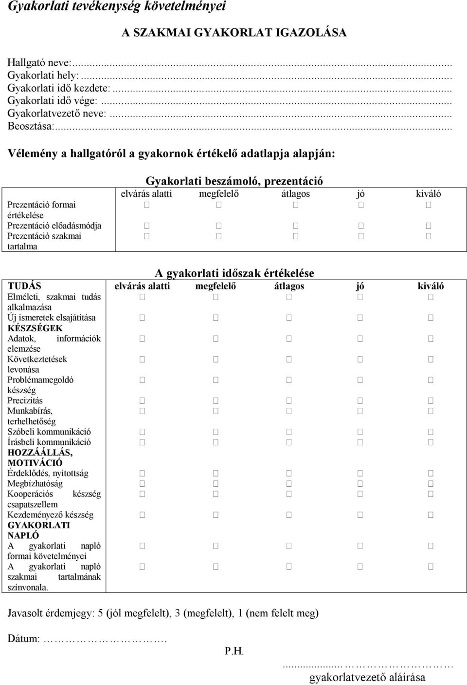 megfelelő átlagos jó kiváló A gyakorlati időszak értékelése TUDÁS elvárás alatti megfelelő átlagos jó kiváló Elméleti, szakmai tudás alkalmazása Új ismeretek elsajátítása KÉSZSÉGEK Adatok,