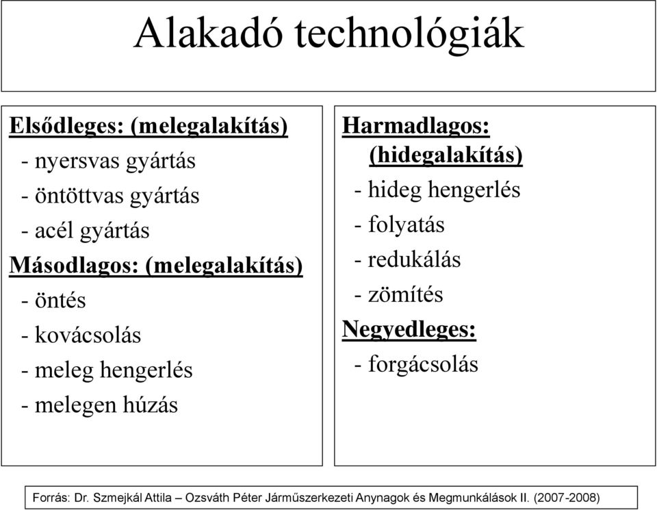 Harmadlagos: (hidegalakítás) - hideg hengerlés - folyatás - redukálás - zömítés Negyedleges: -