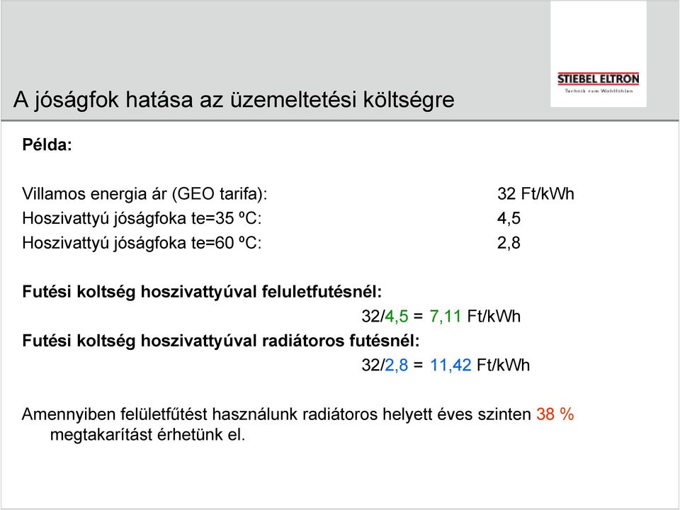 feluletfutésnél: 32/4,5 = 7,11 Ft/kWh Futési koltség hoszivattyúval radiátoros futésnél: 32/2,8 =