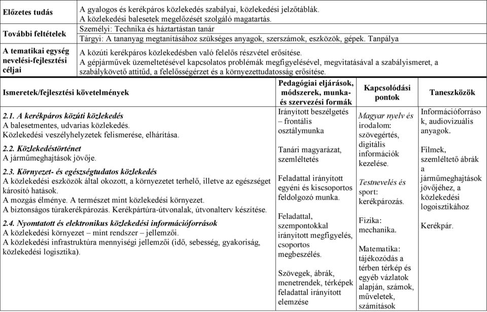 Tanpálya A közúti kerékpáros közlekedésben való felelős részvétel erősítése.