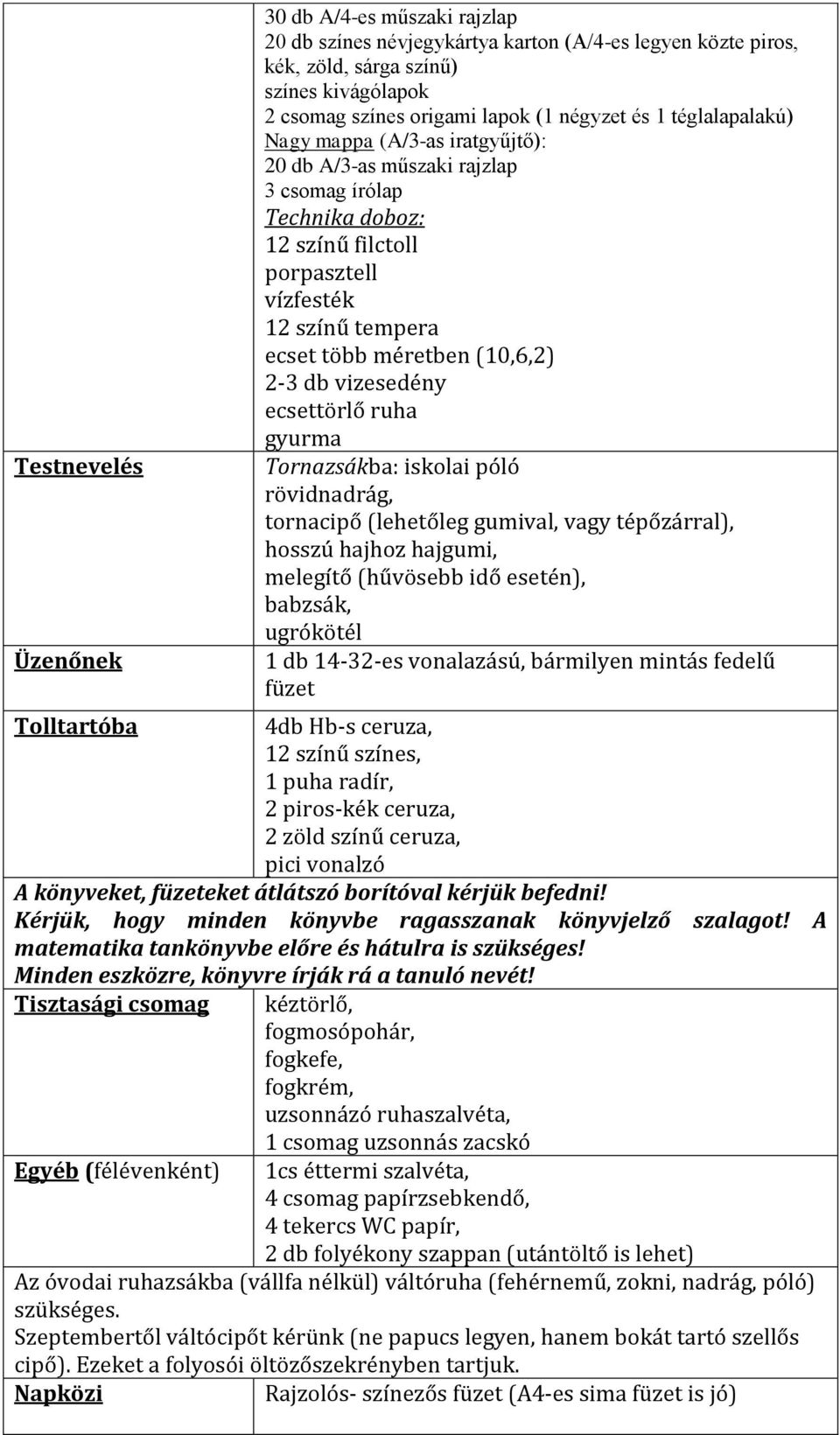 vizesedény ecsettörlő ruha gyurma Tornazsákba: iskolai póló rövidnadrág, tornacipő (lehetőleg gumival, vagy tépőzárral), hosszú hajhoz hajgumi,, babzsák, ugrókötél 1 db 14-32-es vonalazású, bármilyen