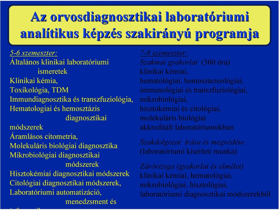 módszerek Citológiai diagnosztikai módszerek, Laboratóriumi automatizáció, menedzsment és 7-8 szemeszter: Szakmai gyakorlat (560 óra) klinikai kémiai, hematológiai, hemosztezeológiai, immunológiai és