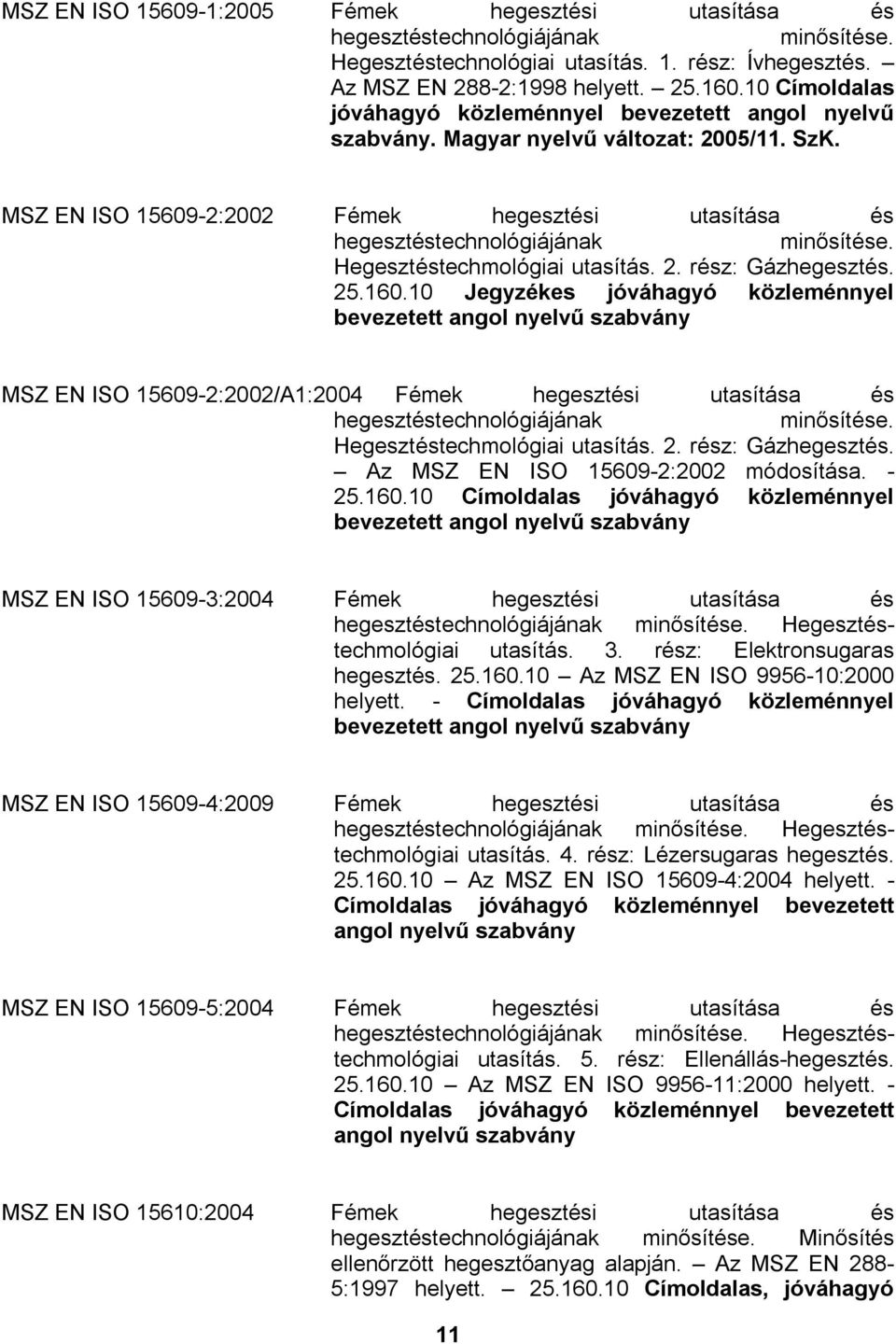 10 Jegyzékes jóváhagyó közleménnyel bevezetett angol nyelvű MSZ EN ISO 15609-2:2002/A1:2004 Fémek hegesztési utasítása és hegesztéstechnológiájának minősítése. Hegesztéstechmológiai utasítás. 2.