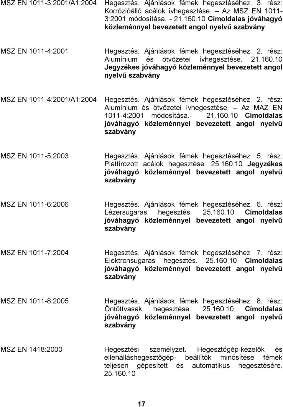 10 Jegyzékes jóváhagyó közleménnyel bevezetett angol nyelvű MSZ EN 1011-4:2001/A1:2004 Hegesztés. Ajánlások fémek hegesztéséhez. 2. rész: Alumínium és ötvözetei ívhegesztése.