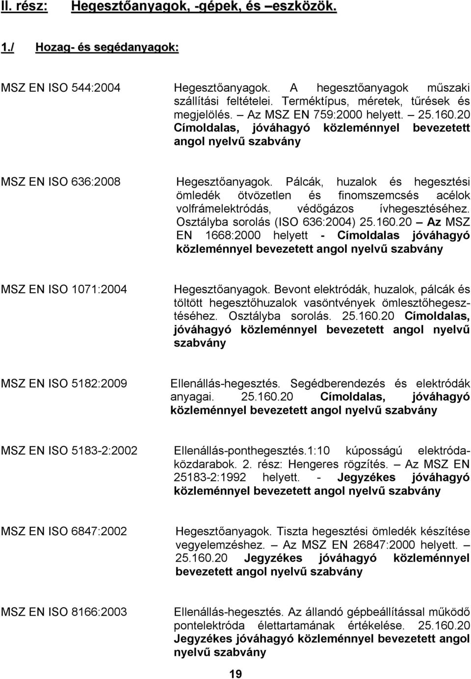 Pálcák, huzalok és hegesztési ömledék ötvözetlen és finomszemcsés acélok volfrámelektródás, védőgázos ívhegesztéséhez. Osztályba sorolás (ISO 636:2004) 25.160.