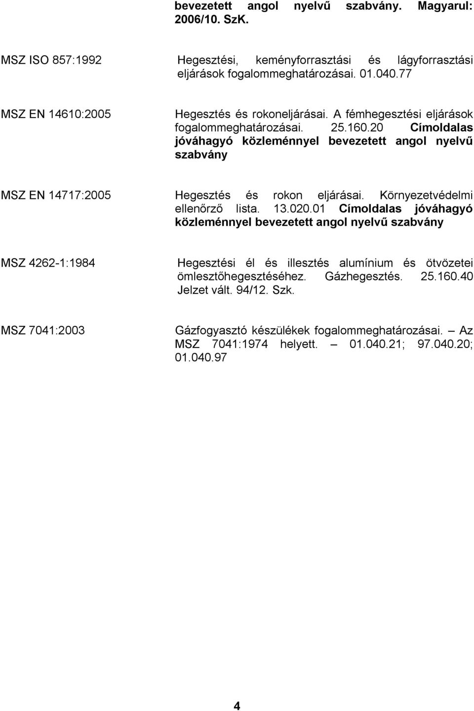 20 Címoldalas MSZ EN 14717:2005 Hegesztés és rokon eljárásai. Környezetvédelmi ellenőrző lista. 13.020.